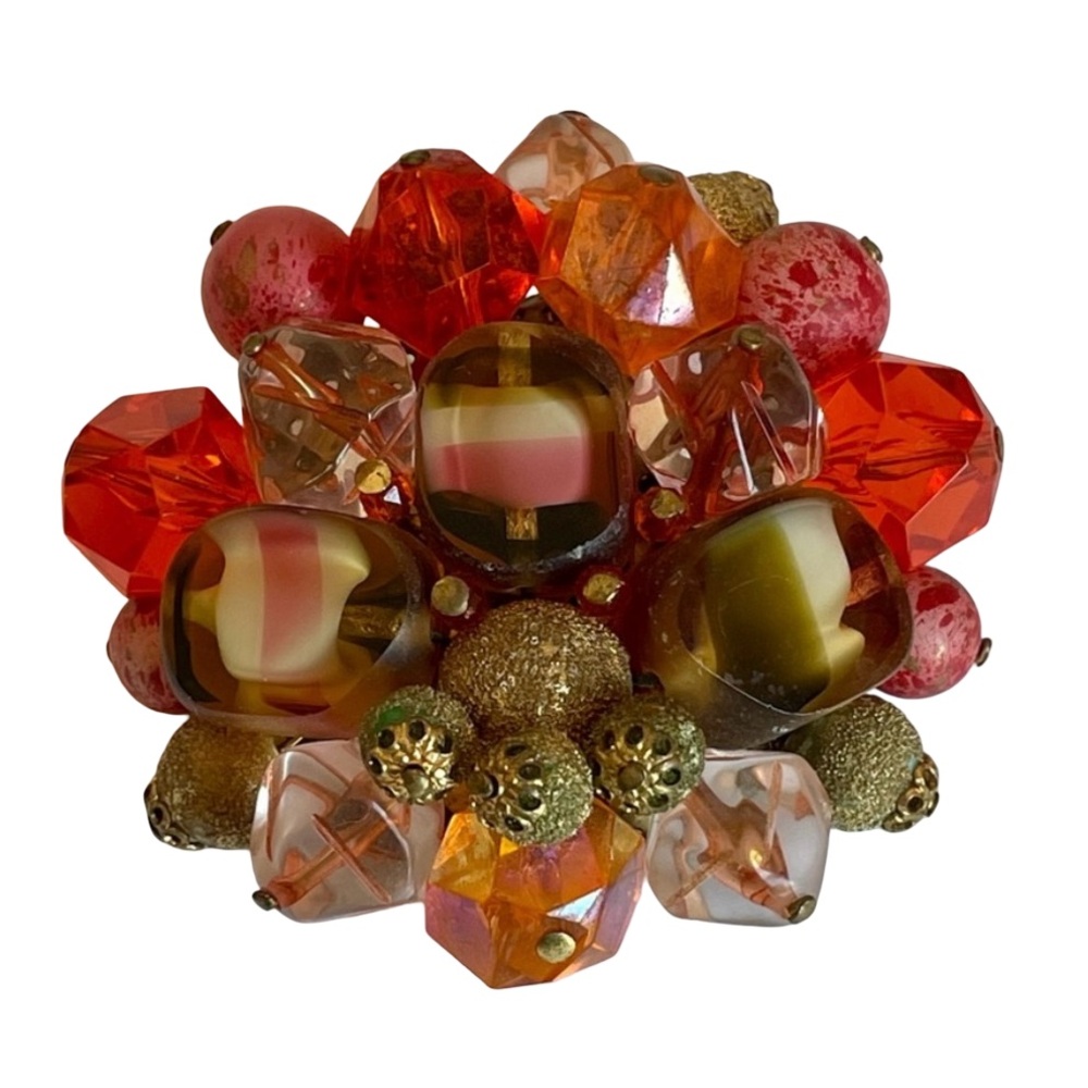 Vintage Signed West Germany Beaded Brooch Glass Lucite Plastic Metal - Picture 1 of 4